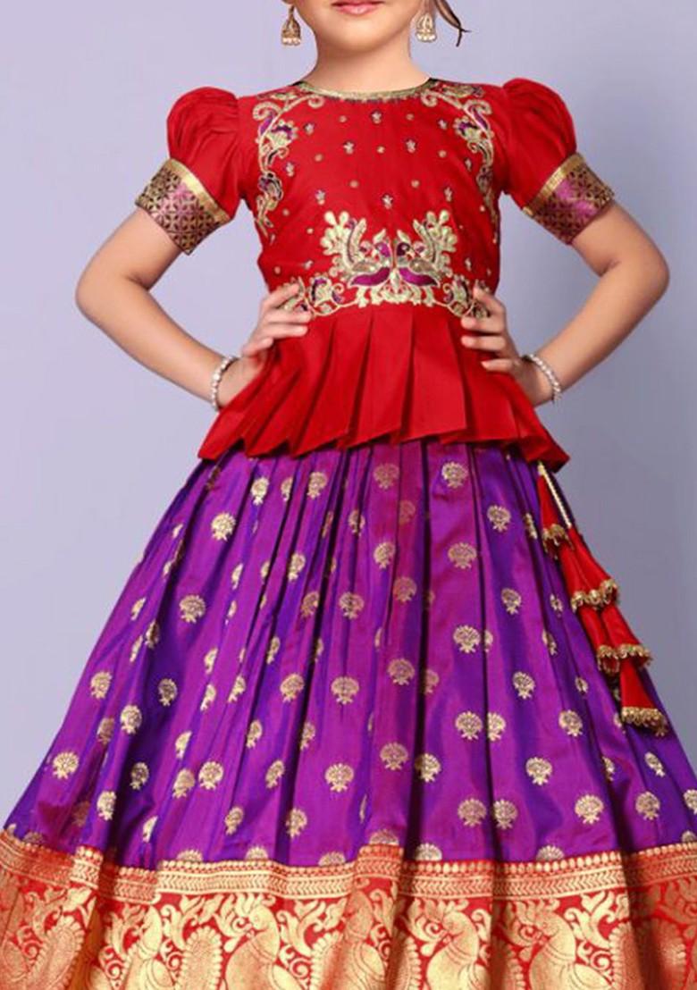 Red Embroidered Blended Lehenga Choli For Girls - Indya