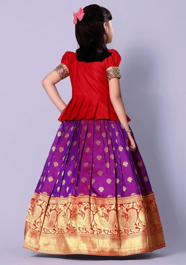 Red Embroidered Blended Lehenga Choli For Girls - Indya