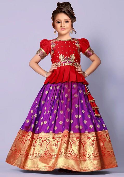 Red Embroidered Blended Lehenga Choli For Girls — view on Indya