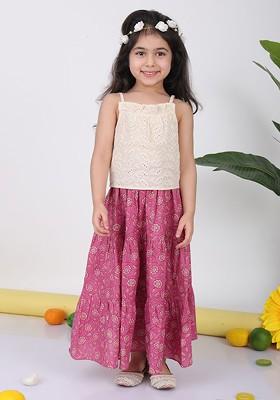 Pink Printed Cotton Blend Lehenga Choli For Girls