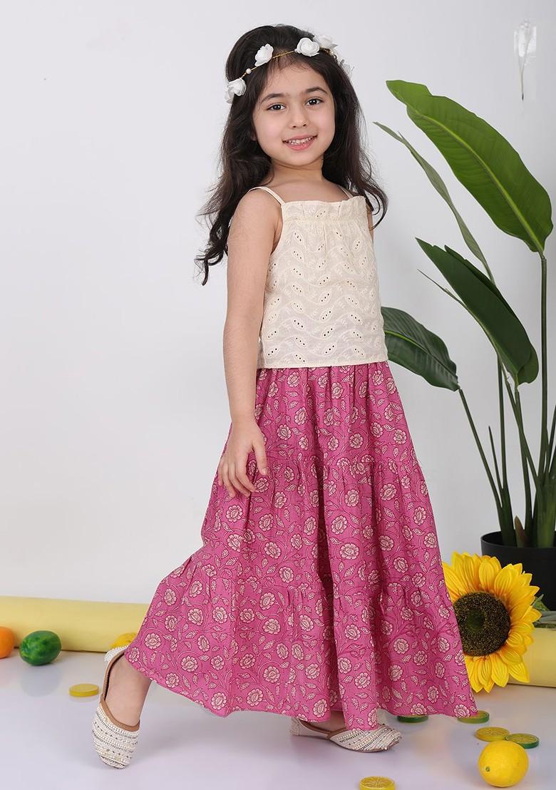 Pink Printed Cotton Blend Lehenga Choli For Girls - Indya