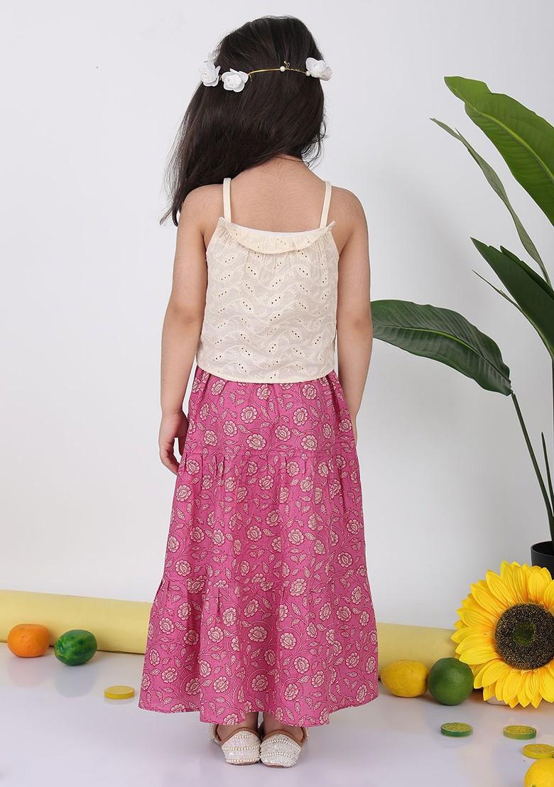 Pink Printed Cotton Blend Lehenga Choli For Girls - Indya