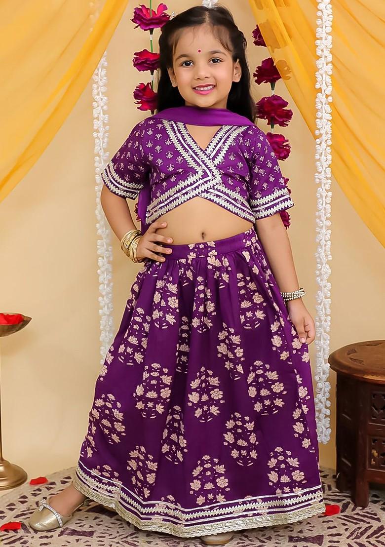 Purple Printed Blended Lehenga Choli For Girls - Indya