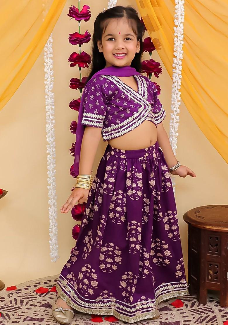 Purple Printed Blended Lehenga Choli For Girls - Indya