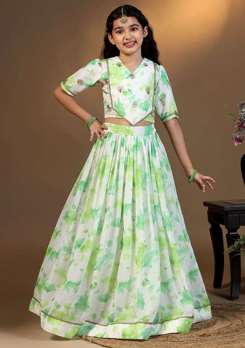 Green Printed Georgette Lehenga Choli For Girls - Indya