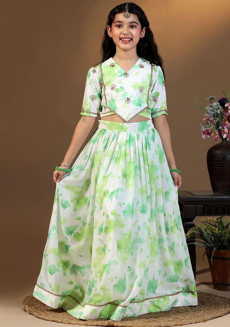 Green Printed Georgette Lehenga Choli For Girls - Indya