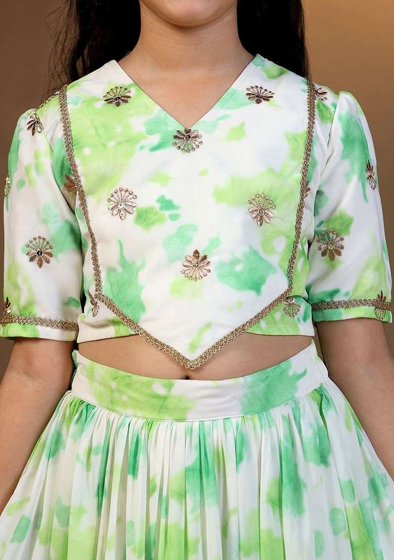 Green Printed Georgette Lehenga Choli For Girls - Indya