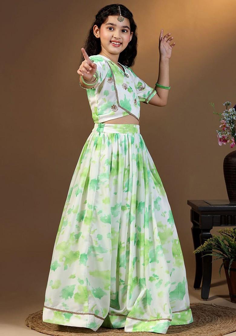 Green Printed Georgette Lehenga Choli For Girls - Indya