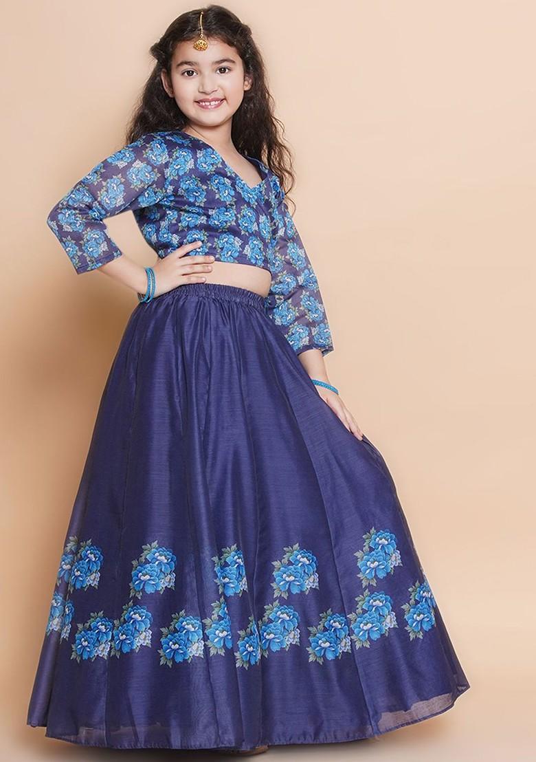 Navy Blue Printed Blended Lehenga Choli For Girls - Indya