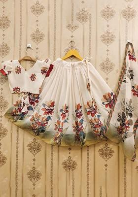 Cream Printed Blended Lehenga Choli For Girls