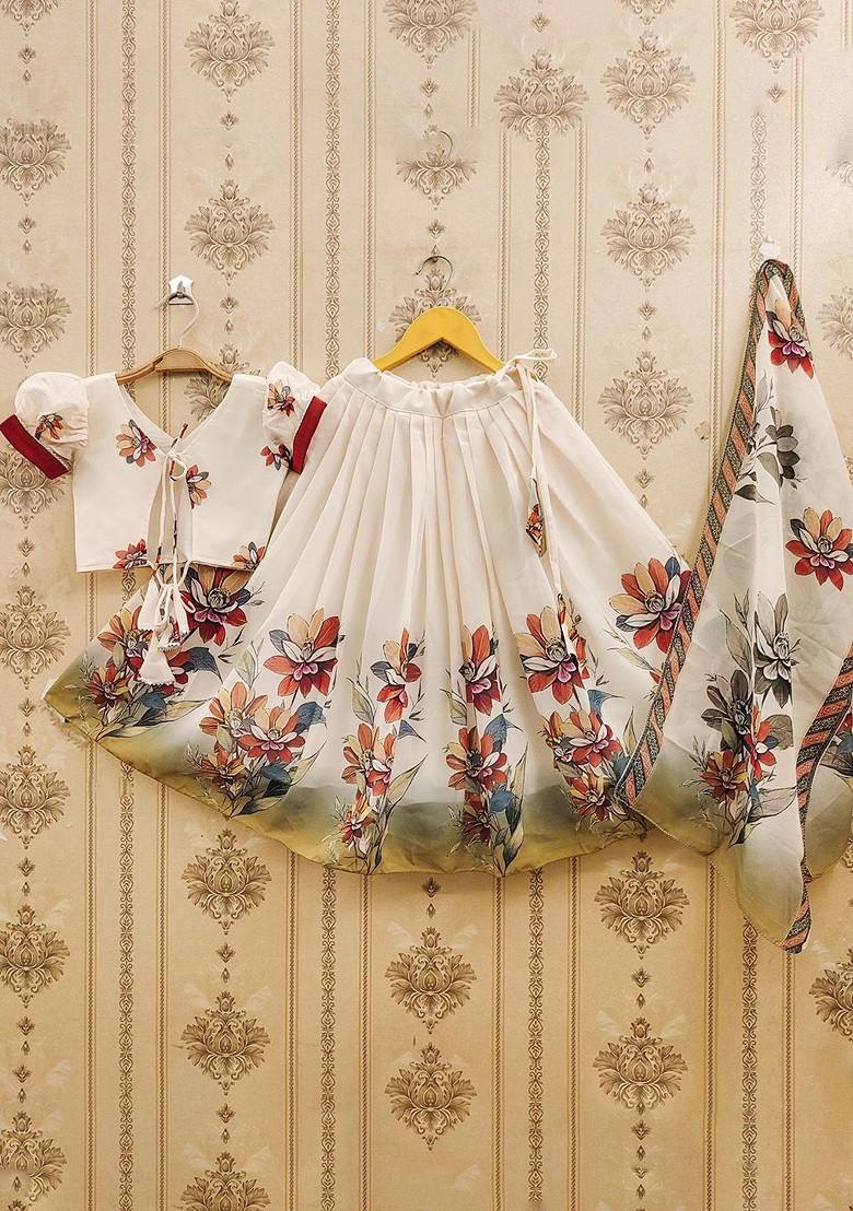Cream Printed Blended Lehenga Choli For Girls - Indya