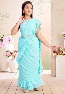 Sea Green Embellished Silk Lehenga Choli For Girls