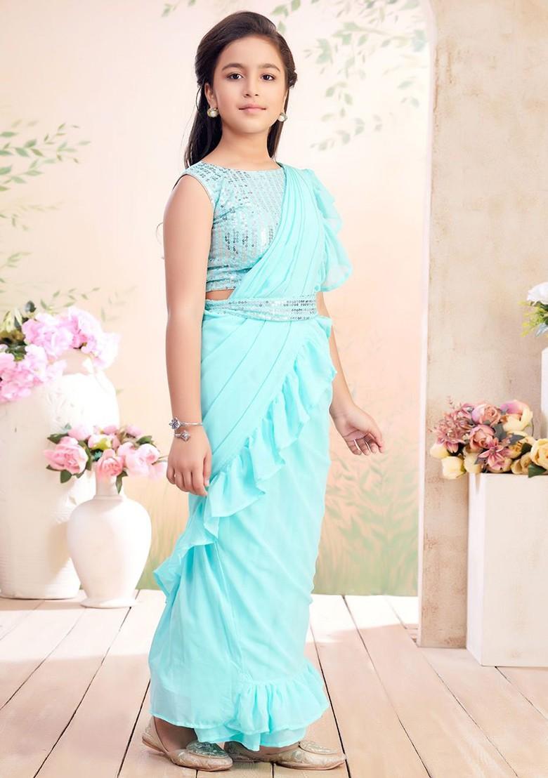 Sea Green Embellished Silk Lehenga Choli For Girls - Indya