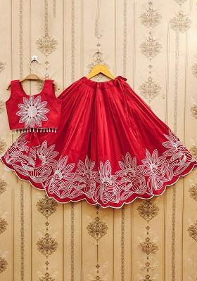 Red Embroidered Silk Lehenga Choli For Girls