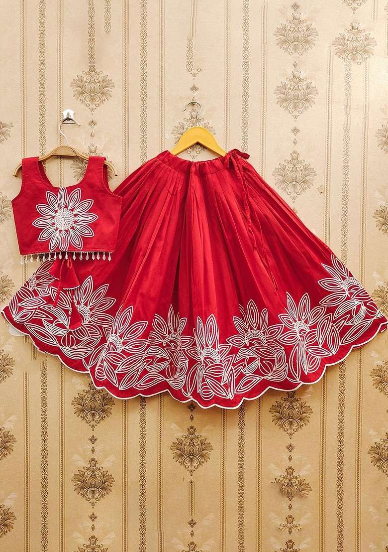 Red Embroidered Silk Lehenga Choli For Girls - Indya