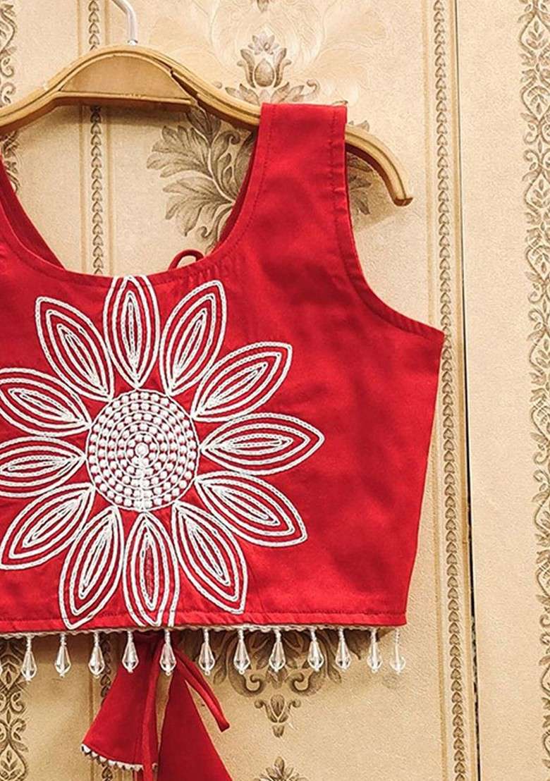 Red Embroidered Silk Lehenga Choli For Girls - Indya