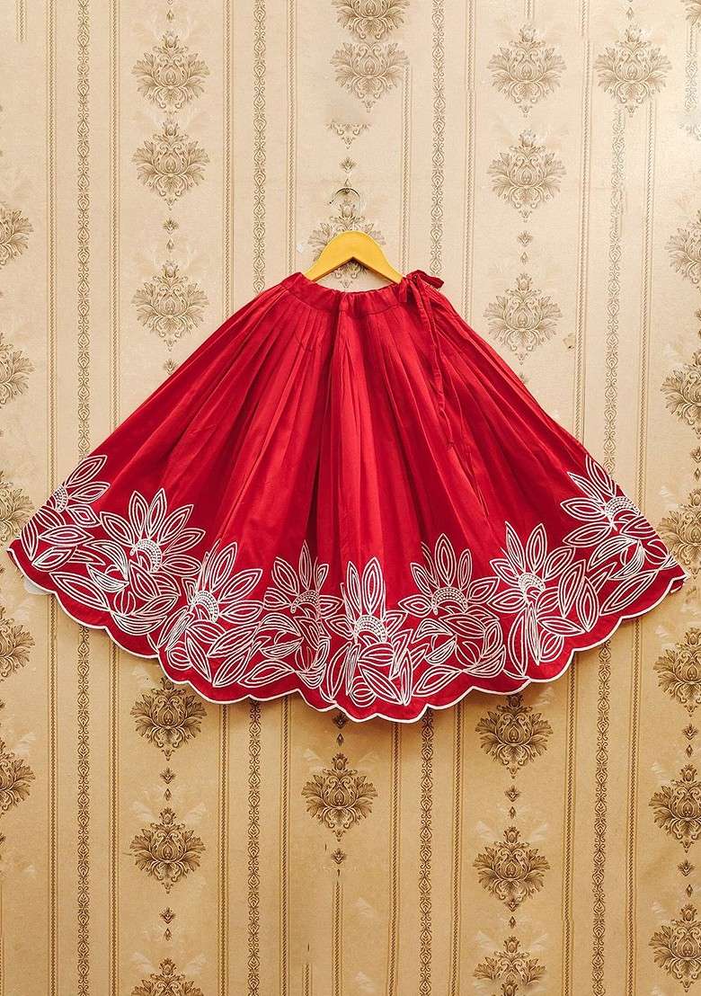 Red Embroidered Silk Lehenga Choli For Girls - Indya