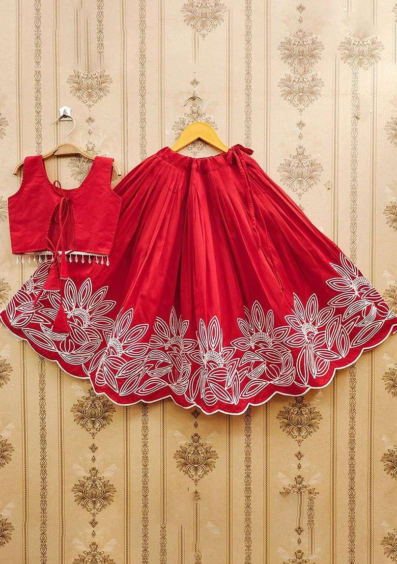 Red Embroidered Silk Lehenga Choli For Girls - Indya