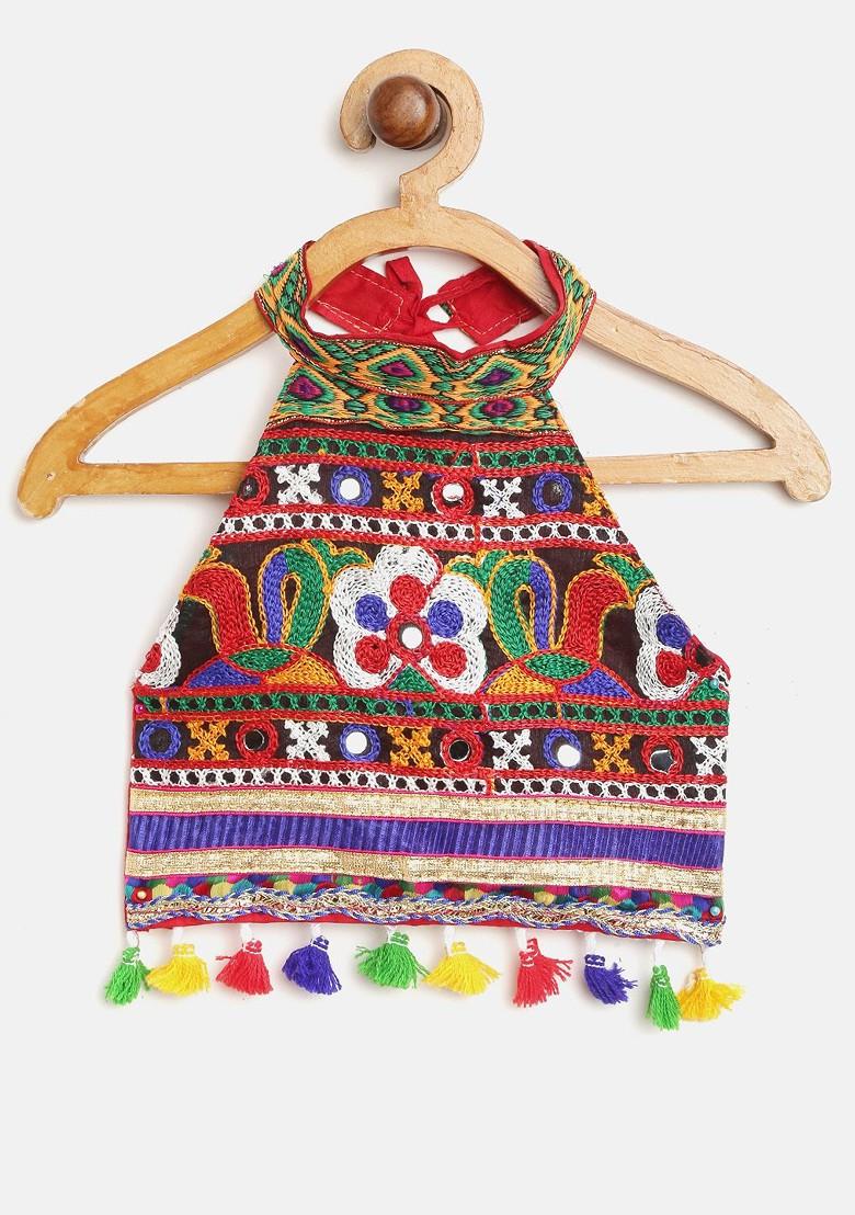 Red Embroidered Blended Lehenga Choli For Girls - Indya