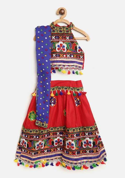 Red Embroidered Blended Lehenga Choli For Girls