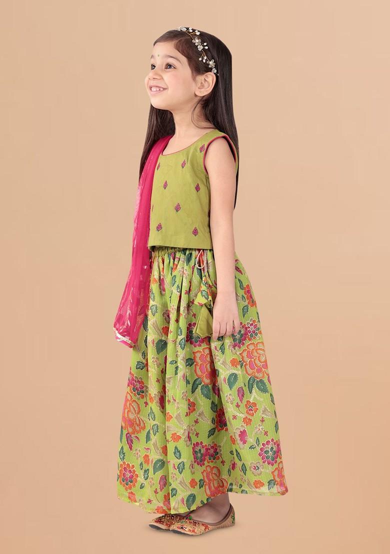 Green Embroidered Cotton Blend Lehenga Choli For Girls - Indya