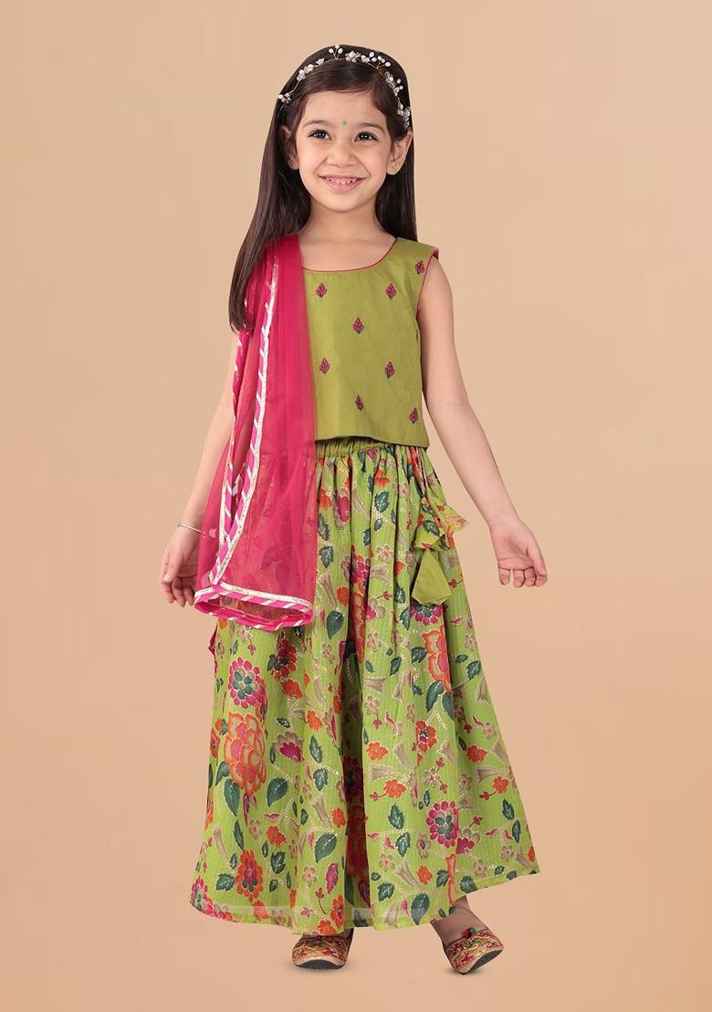 Green Embroidered Cotton Blend Lehenga Choli For Girls - Indya