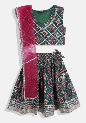 Green Embellished Blended Lehenga Choli For Girls