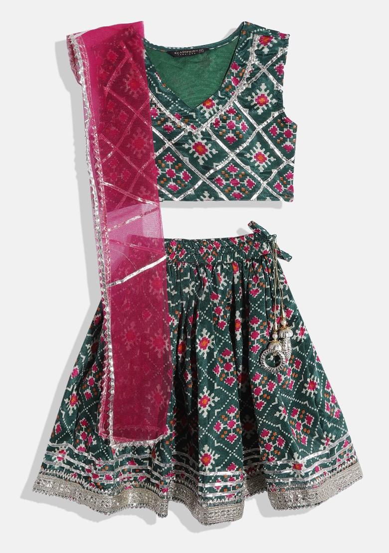 Green Embellished Blended Lehenga Choli For Girls - Indya