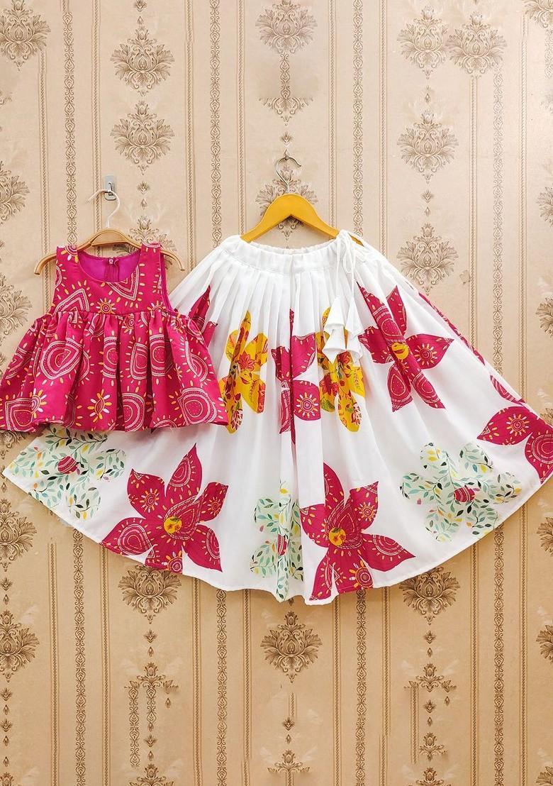 Pink Printed Blended Lehenga Choli For Girls - Indya
