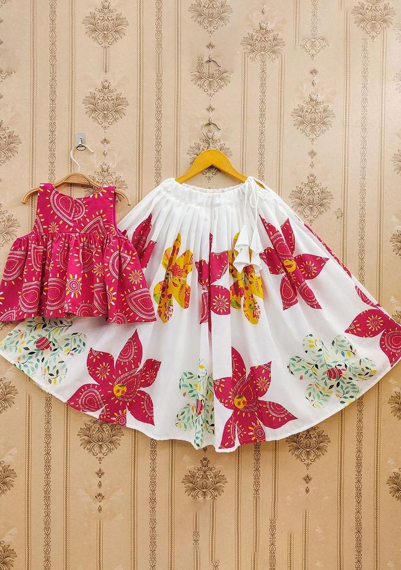 Pink Printed Blended Lehenga Choli For Girls - Indya