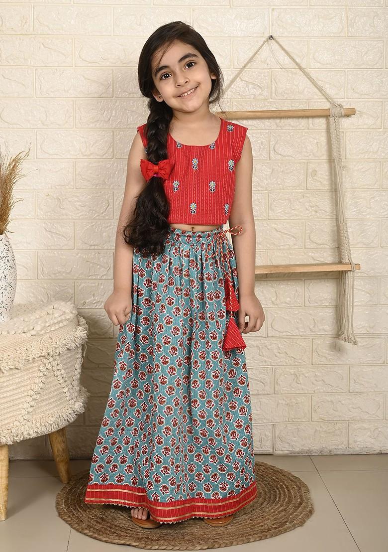 Red Embroidered Cotton Blend Lehenga Choli For Girls - Indya