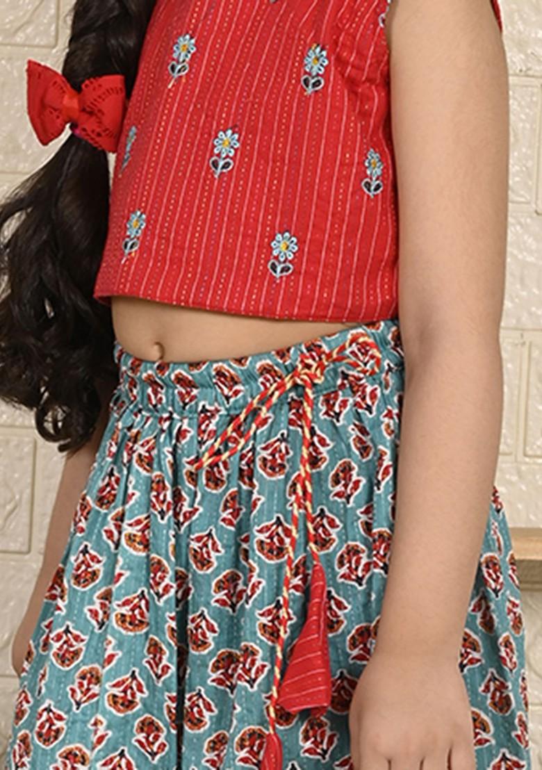 Red Embroidered Cotton Blend Lehenga Choli For Girls - Indya
