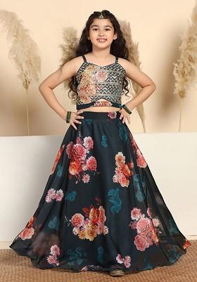 Teal Embroidered Blended Lehenga Choli For Girls