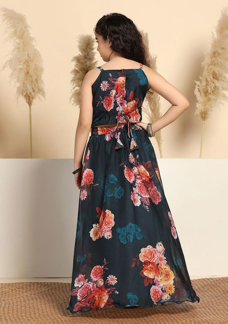 Teal Embroidered Blended Lehenga Choli For Girls - Indya