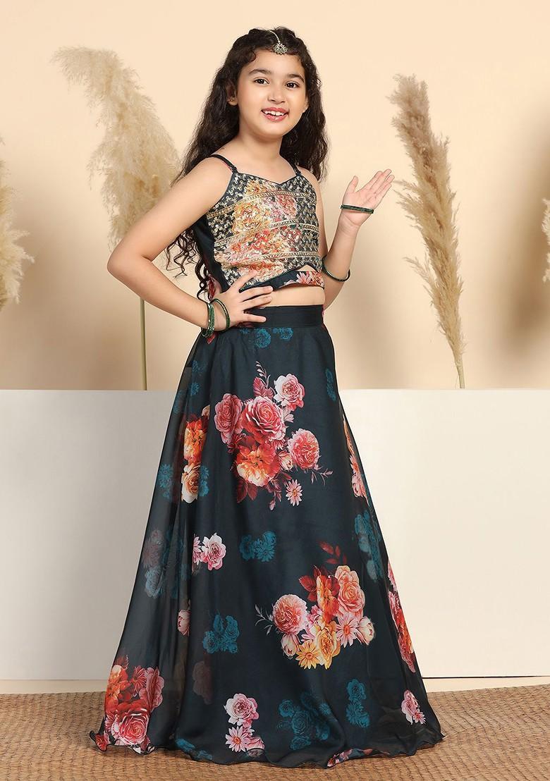 Teal Embroidered Blended Lehenga Choli For Girls - Indya
