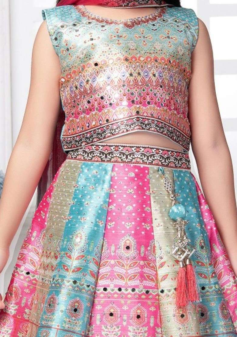 Pink Printed Silk Lehenga Choli For Girls - Indya
