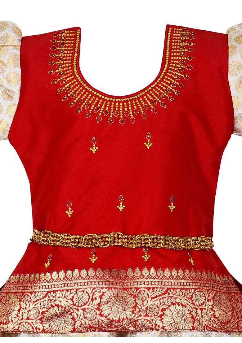 Red Embroidered Blended Lehenga Choli For Girls - Indya