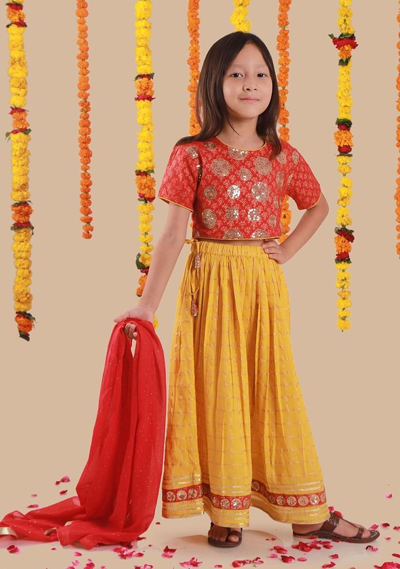 Yellow Printed Cotton Blend Lehenga Choli For Girls - Indya
