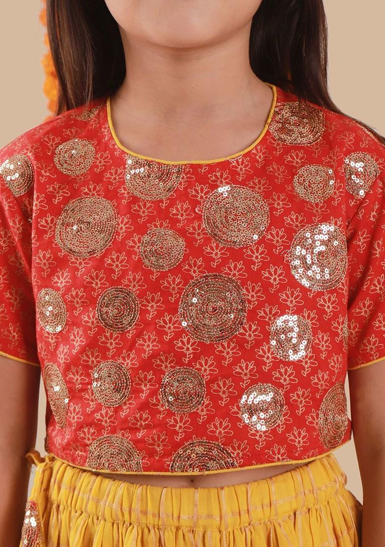 Yellow Printed Cotton Blend Lehenga Choli For Girls - Indya