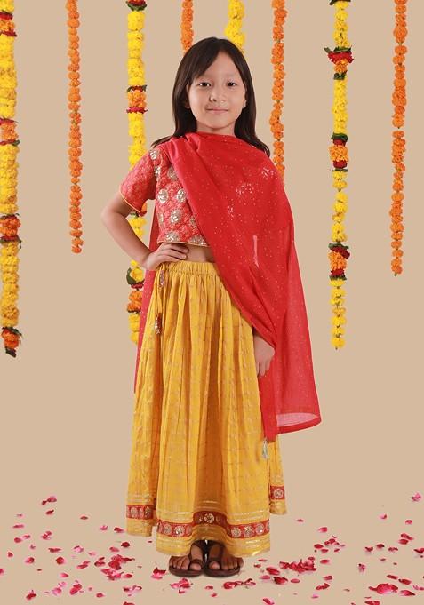 Yellow Printed Cotton Blend Lehenga Choli For Girls — view on Indya