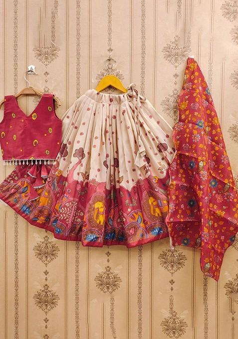 Off White Printed Blended Lehenga Choli For Girls
