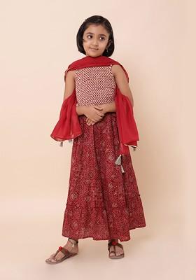 Beige Printed Cotton Blend Lehenga Choli For Girls