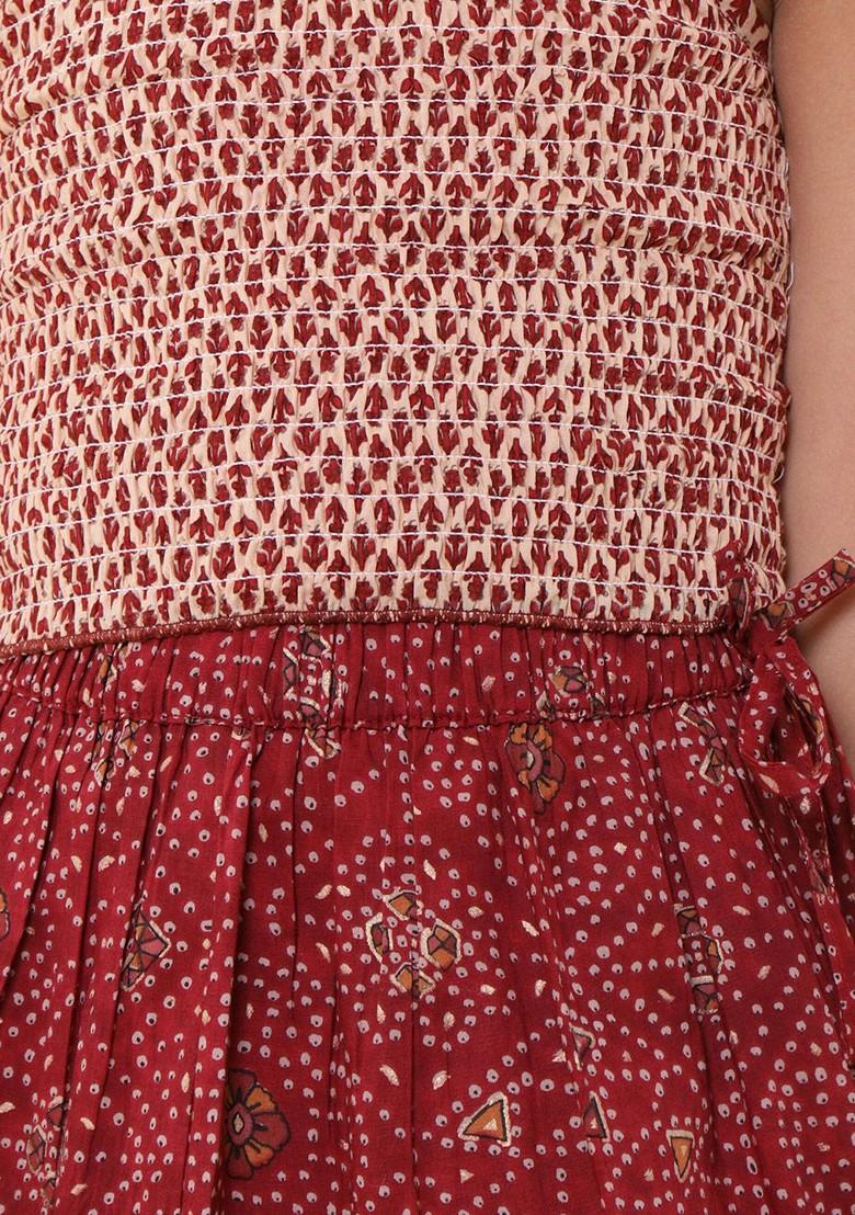 Beige Printed Cotton Blend Lehenga Choli For Girls - Indya