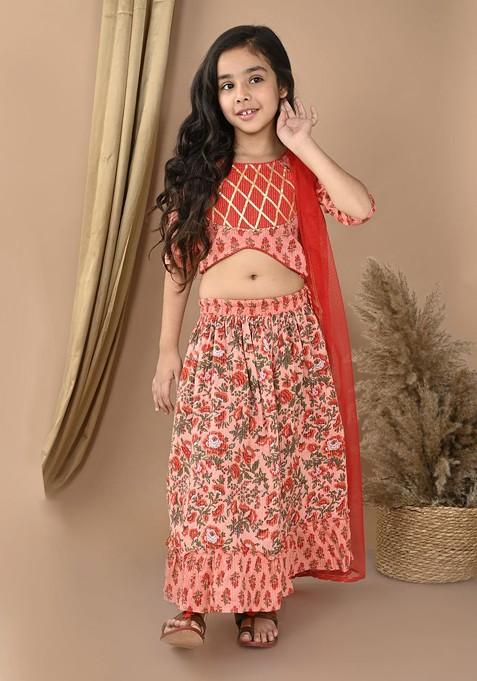 Peach Printed Cotton Blend Lehenga Choli For Girls — view on Indya