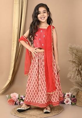 Peach Printed Cotton Blend Lehenga Choli For Girls