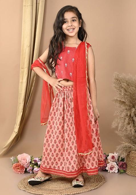 Peach Printed Cotton Blend Lehenga Choli For Girls — view on Indya