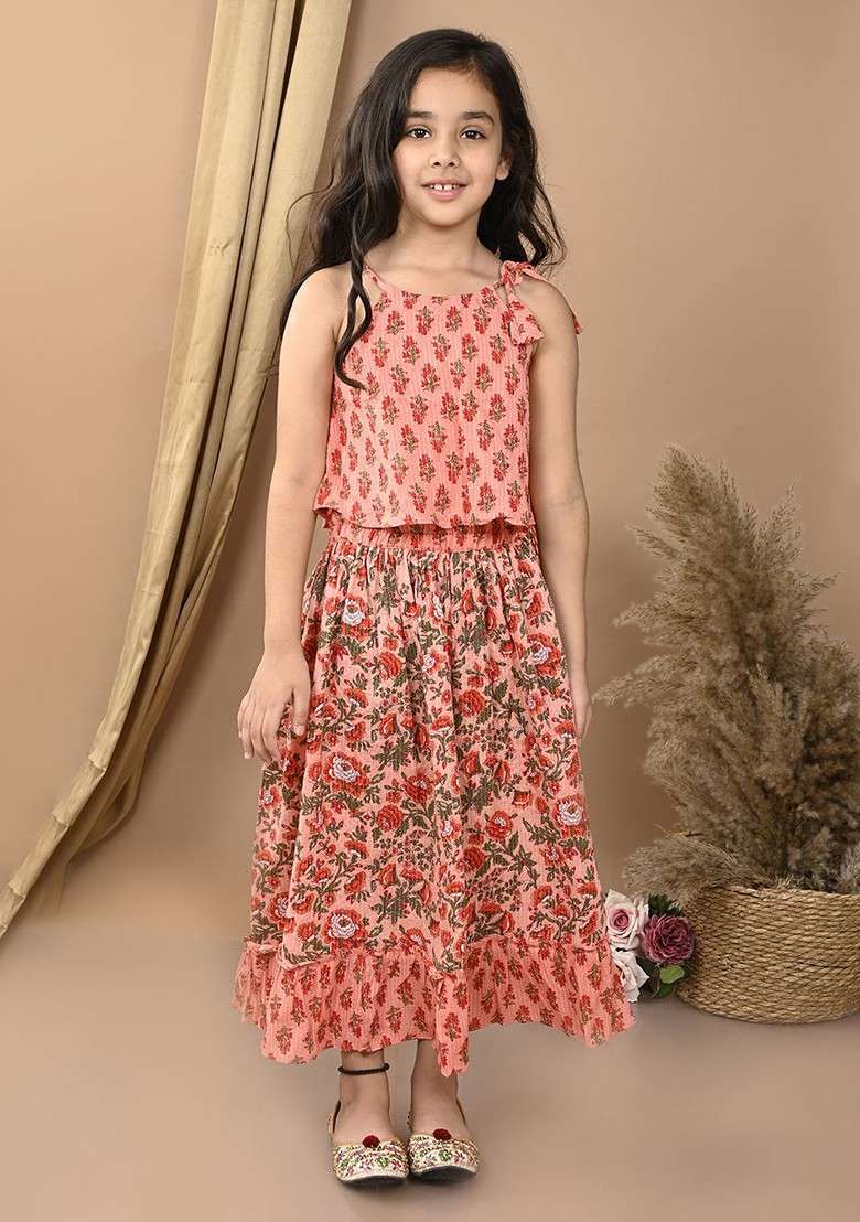 Peach Printed Cotton Blend Lehenga Choli For Girls - Indya