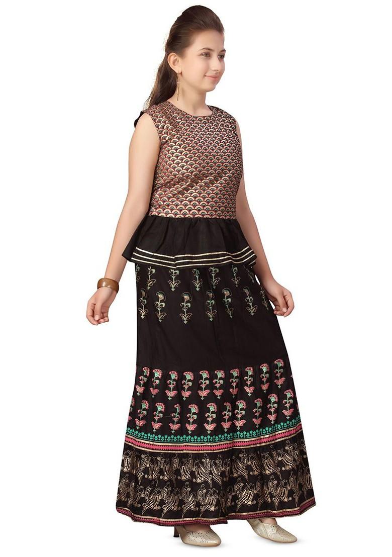 Black Embroidered Blended Lehenga Choli For Girls - Indya