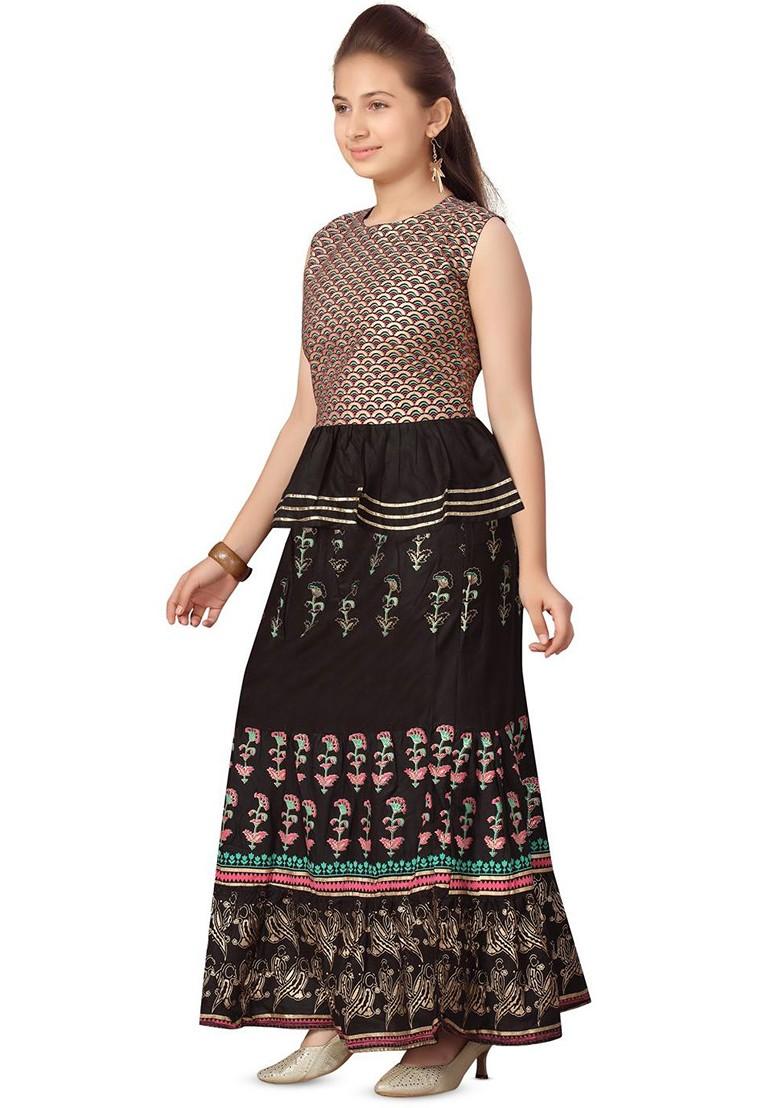 Black Embroidered Blended Lehenga Choli For Girls - Indya