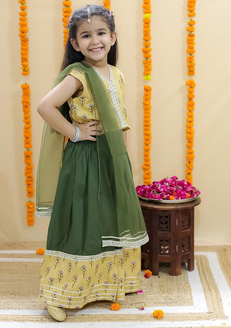 Green Printed Cotton Blend Lehenga Choli For Girls - Indya